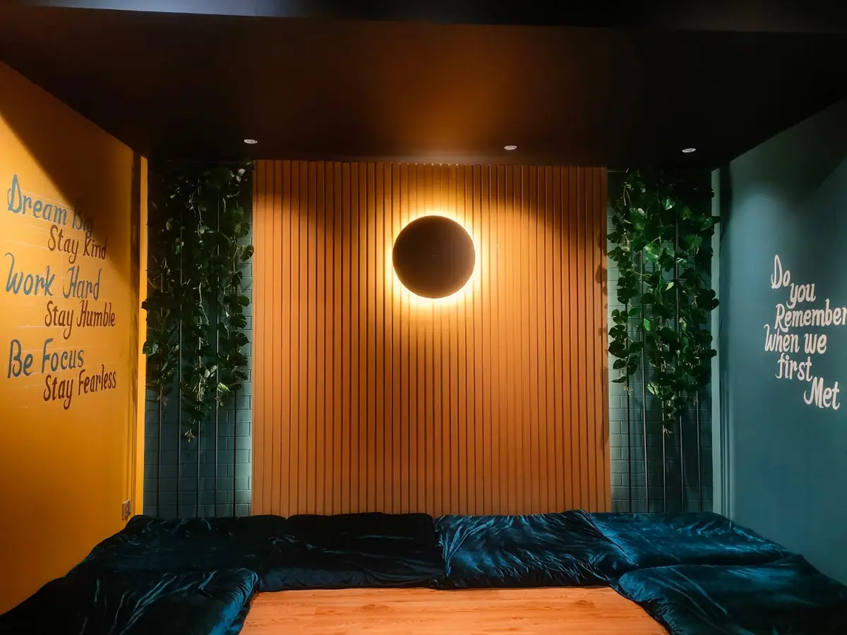 Cozy lounge corner with warm lighting